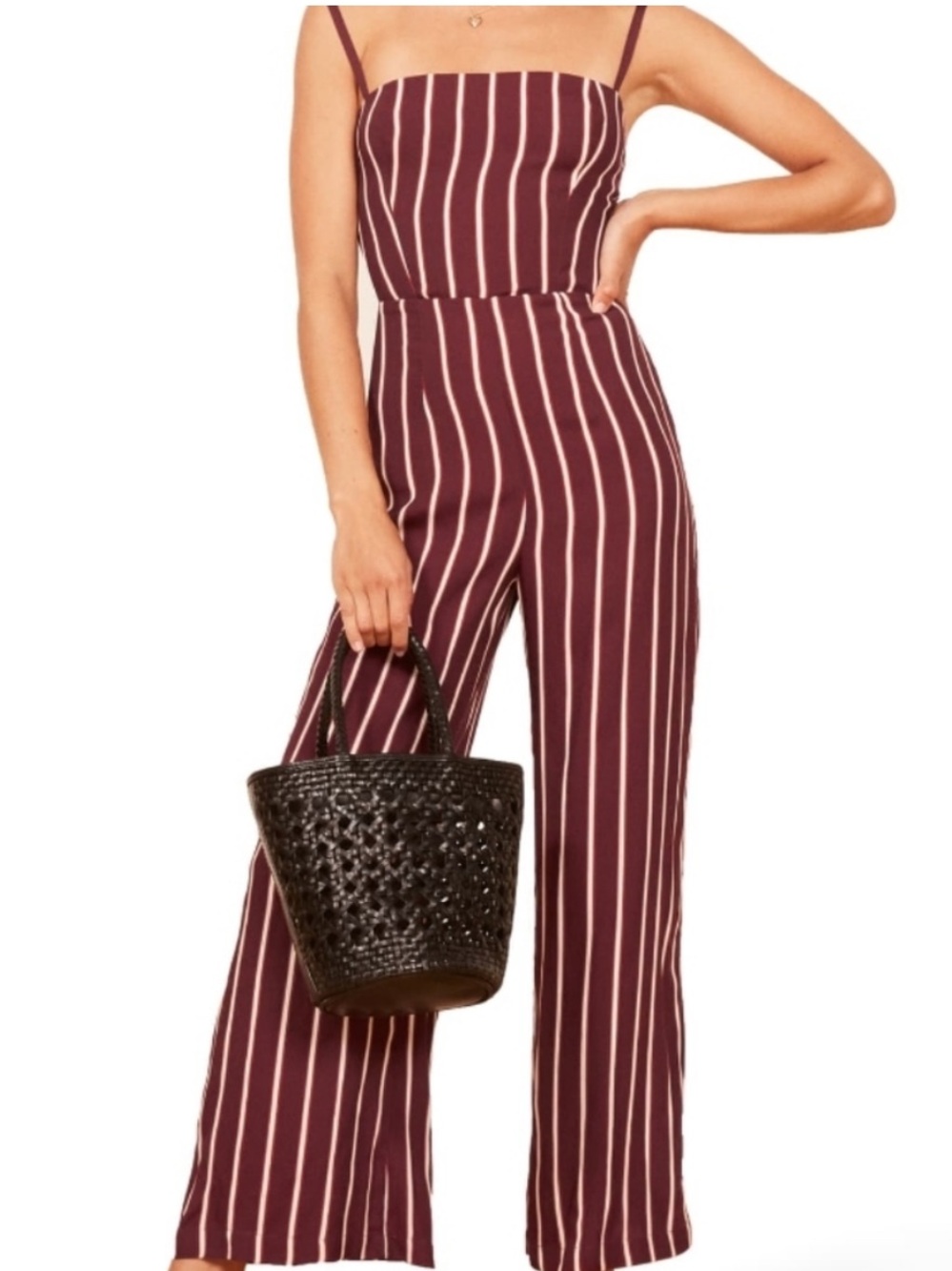 Reformation Burgundy and Cream Striped Strap Jumpsuit